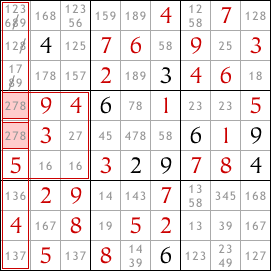Exemple de technique d'interactions Lignes/Colonnes et Blocs de Sudoku